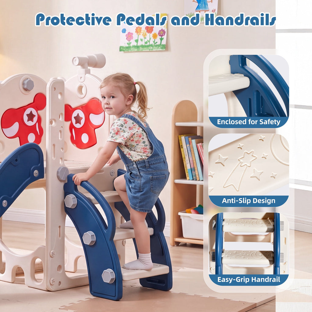 7-in-1 Toddler Slide with Climber and Basketball Hoop, Foldable Indoor Outdoor Kids Slide Playset with Golf Set