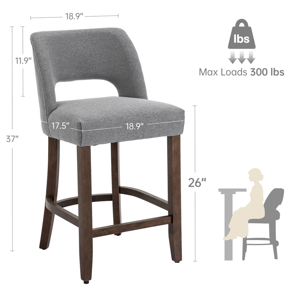 Bar Stools Set of 2, 26" Upholstered Counter Height Bar Stools, Modern Counter Stools with Wood Legs for Kitchen Island Dining Room Bar,Gray Fabric