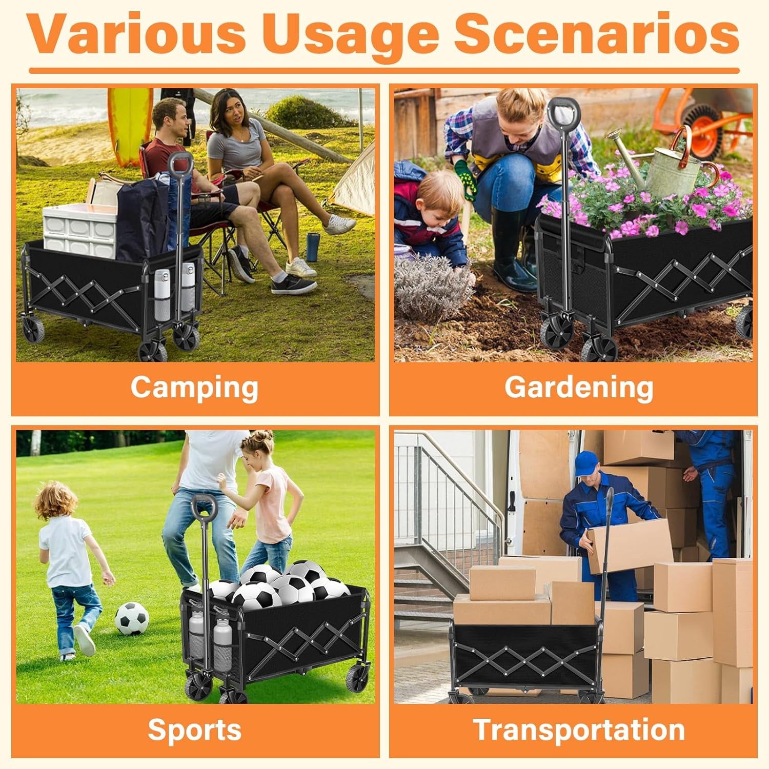 Collapsible Wagon with Wheels, Wagons Carts Foldable Wagon Cart with Flexible Handle, Folding Utility Heavy Duty Wagons Carts for Grocery Shopping Garden