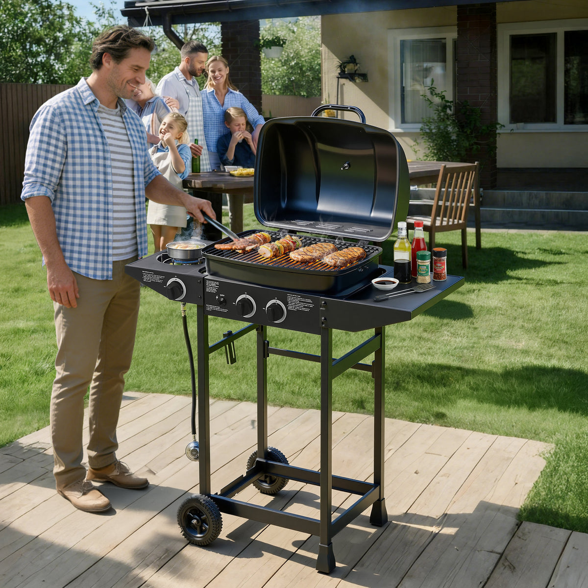 Portable Gas Grill, 24000BTU Grills with 2 Large Wheels, Propane Grill with Side Burner and Thermometer for Patio Activity