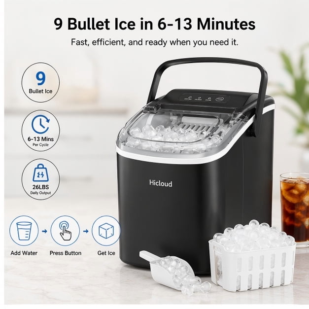 Hicold Countertop Ice Maker, Self-Cleaning Portable Ice Maker Machine, 26.5Lbs/24H Fast 9 Cubes/6Min, with Handle and Ice Scoop, Black for Home Kitchen Bar Camping