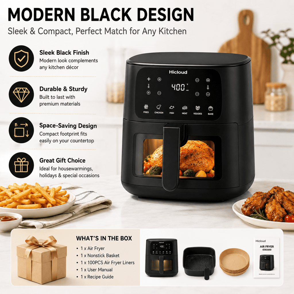 Hicloud 7.5QT Air Fryer, 1600W Large-Capacity Air Fryer with Visible Window, Touchscreen, 6 Cooking Presets, Adjustable Time & Temperature, Nonstick Basket, Black
