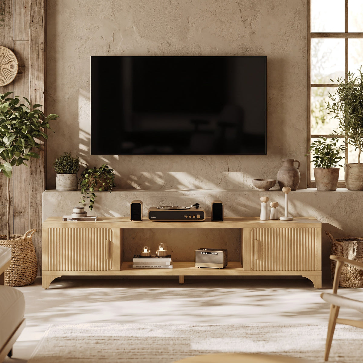 70" Wood Entertainment Center with Storage Fluted Doors, Cable Management, Holds Up to 800 lbs Mid-Century TV Stand for Living Room