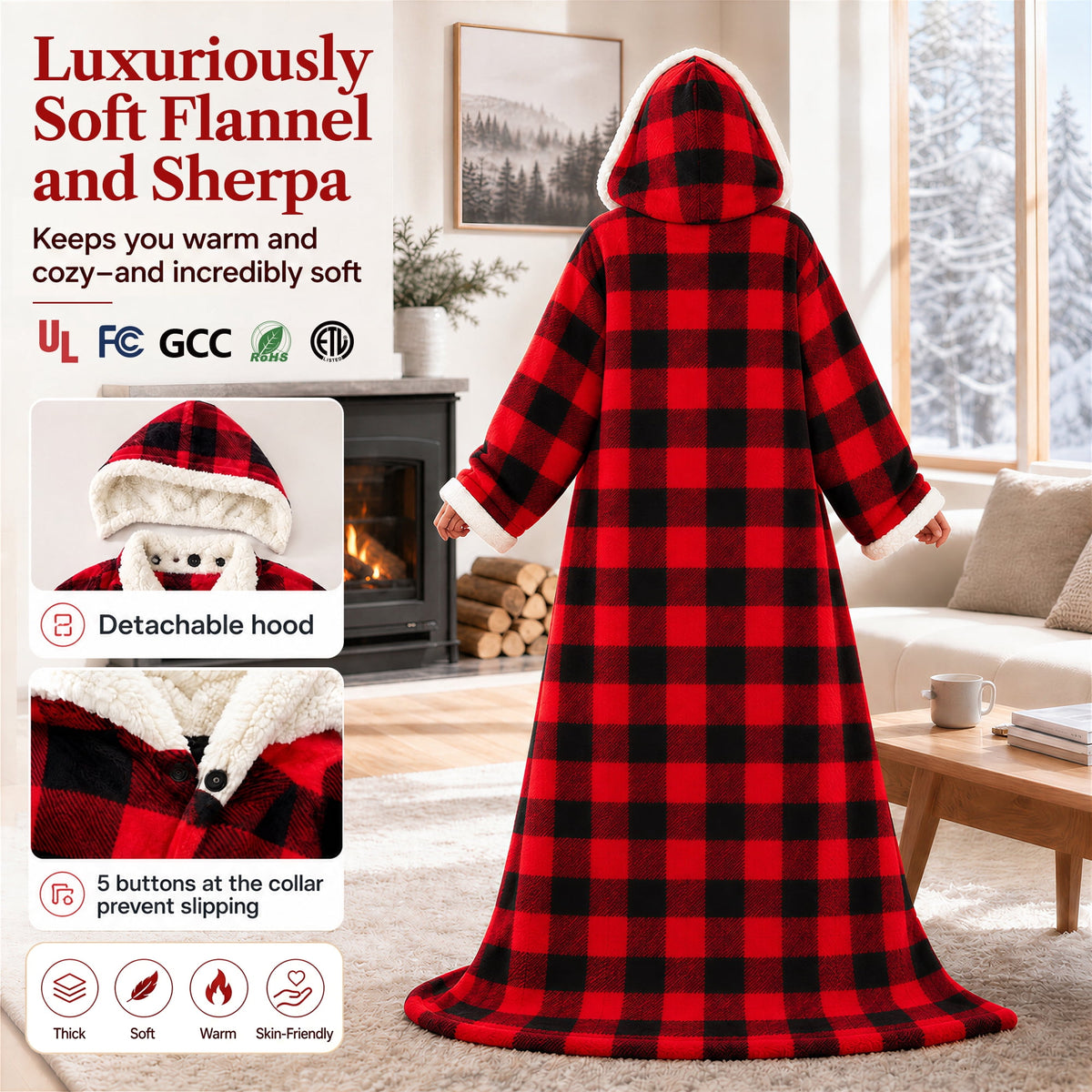 Biotree Wearable Heated Blanket with Waistband, Foot Pocket and Detachable Hood - Electric Plaid Throw Blanket with 6 Heat Levels and 1-12H Auto Timer Settings -50 x 70 inch,Red