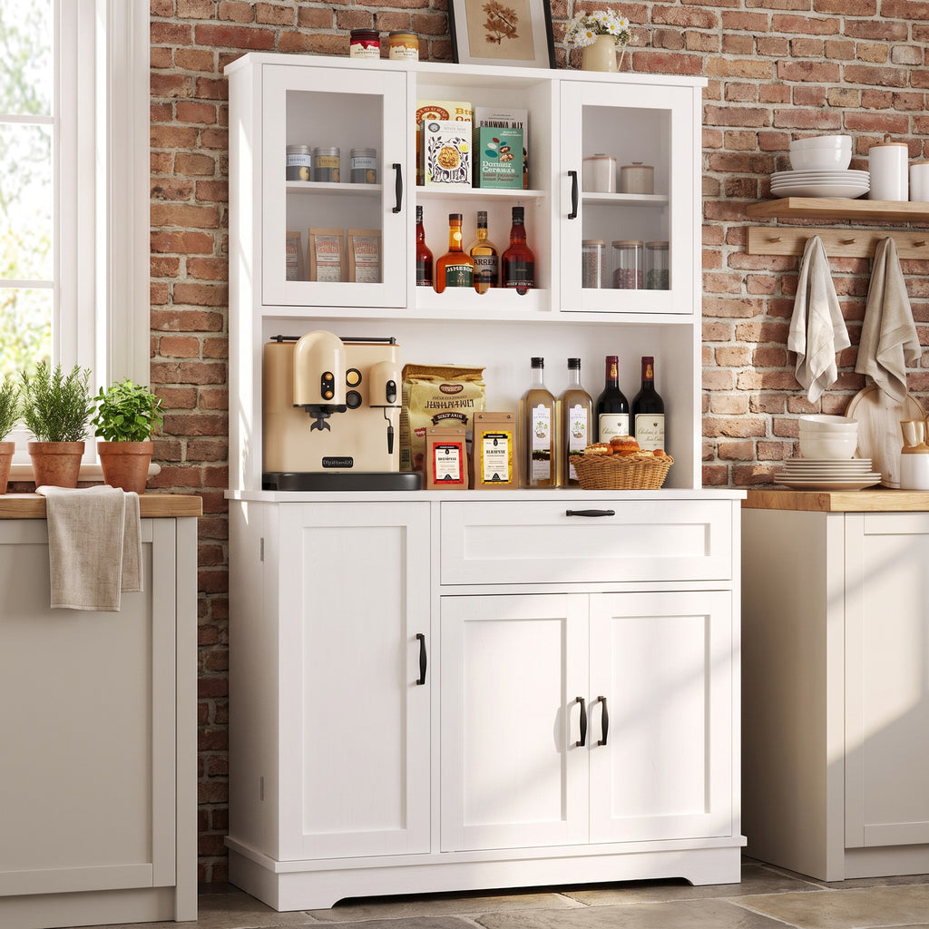 68" Farmhouse Kitchen Pantry Storage Cabinet with Doors, Shelves & Wine Rack, 7-Compartment Tall Hutch, White