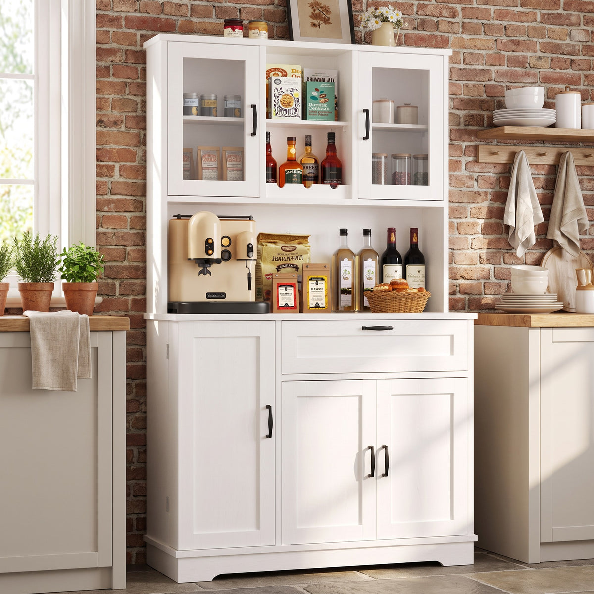 68" Farmhouse Kitchen Pantry Storage Cabinet with Doors, Shelves & Wine Rack, 7-Compartment Tall Hutch, White