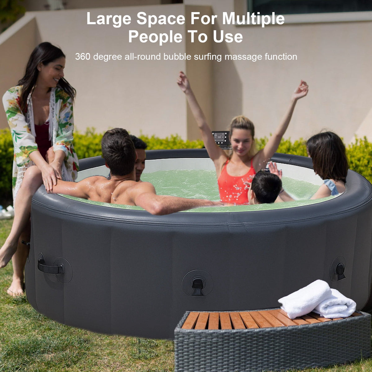 4-6 Person Inflatable Hot Tub, 150 Bubble Jets Portable Round Home Spa Gray