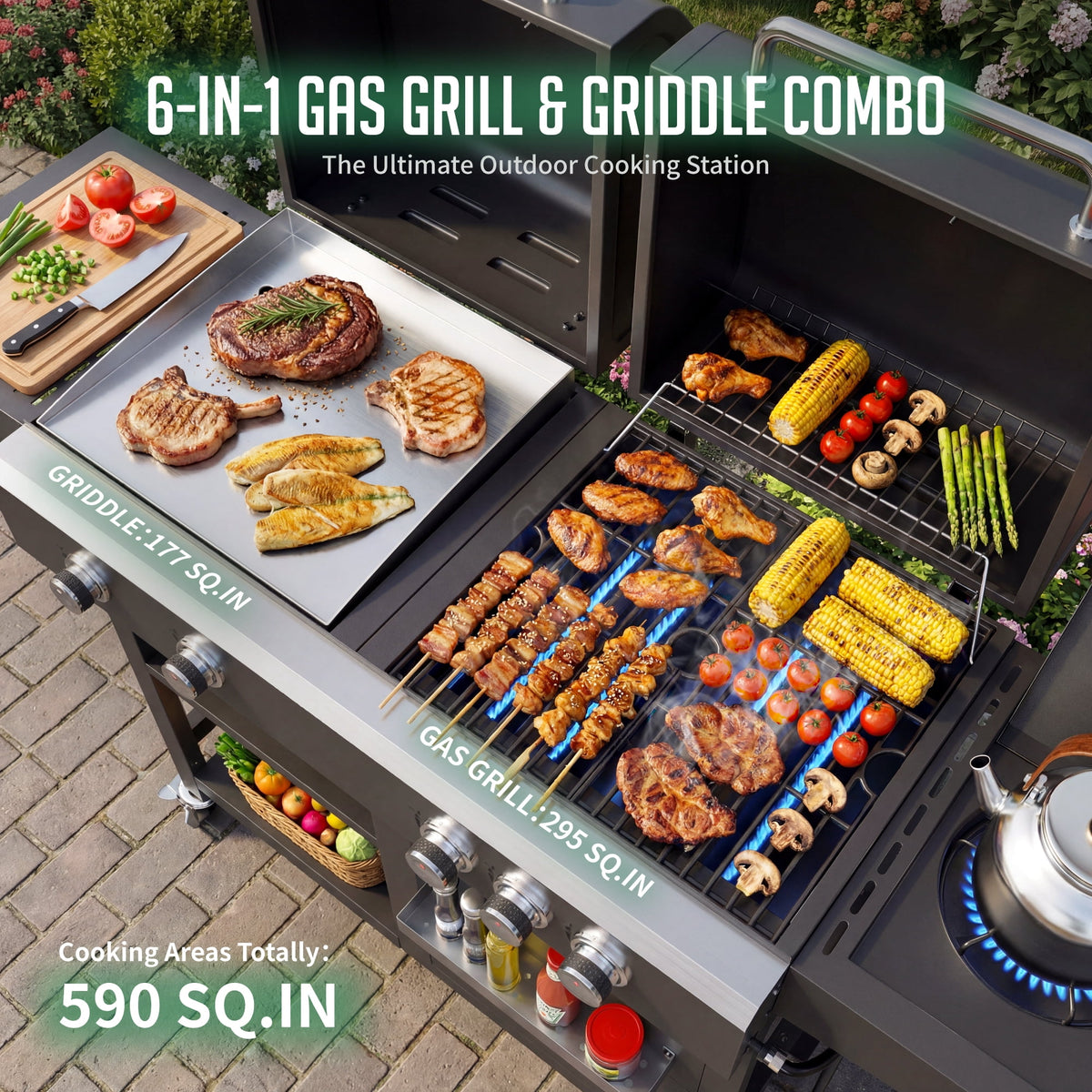 5-Burner Propane Gas Grill and Griddle Combo, 54,000 BTU Dual Fuel BBQ Grill with Side Burner for Backyard, Patio Outdoor Cooking & Entertaining