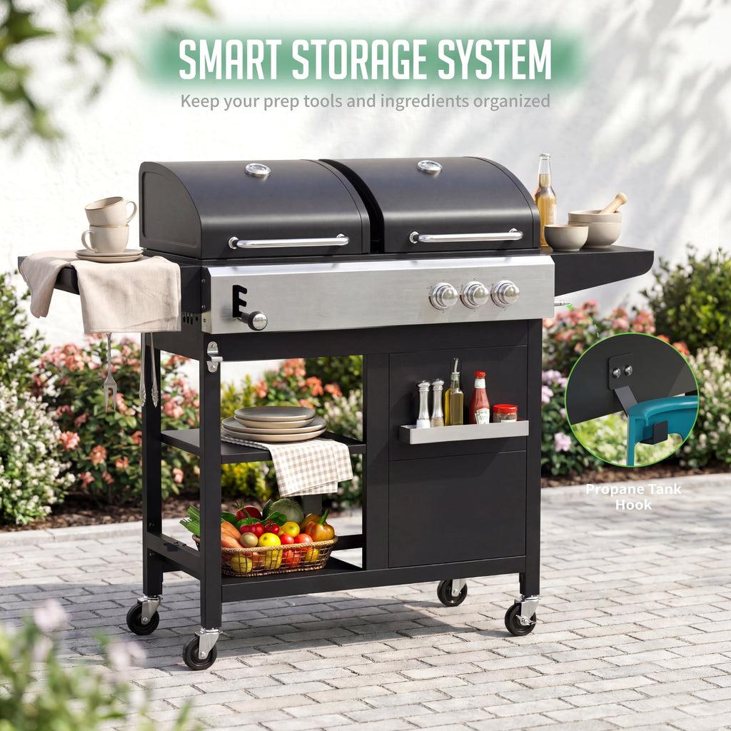 3-Burner Gas and Charcoal Grill Combo, Dual Fuel 54,000 BTU BBQ Propane Grill with Side Burner for Backyard BBQ, Outdoor Cooking & Camping