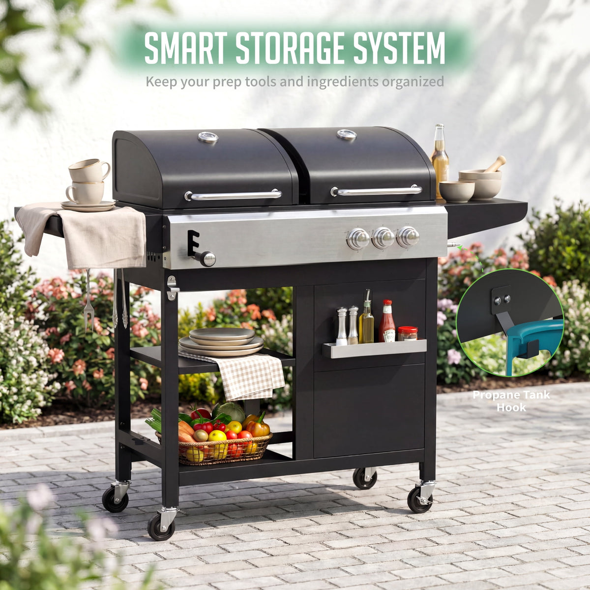3-Burner Gas and Charcoal Grill Combo, Dual Fuel 54,000 BTU BBQ Propane Grill with Side Burner for Backyard BBQ, Outdoor Cooking & Camping