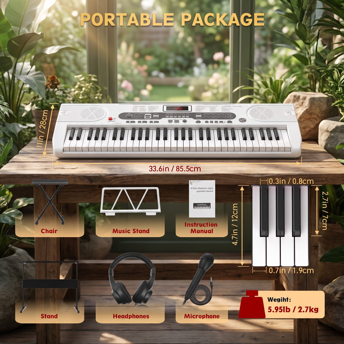 61 Key Lighted Keyboard Piano for Beginners with Stand, Bench, Microphone, Headphone & Built-In Speakers – White Electric Piano