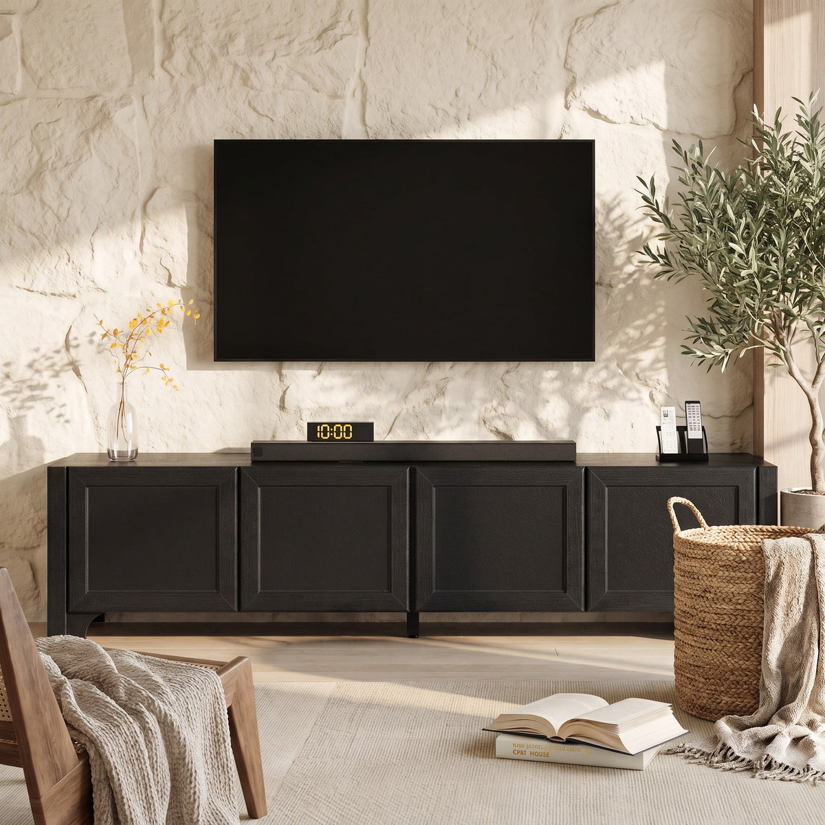 70" Low-Profile Entertainment Center with Leather-Wrapped Doors & Open Shelving Modern Black TV Stand, Holds Up to 300 lbs