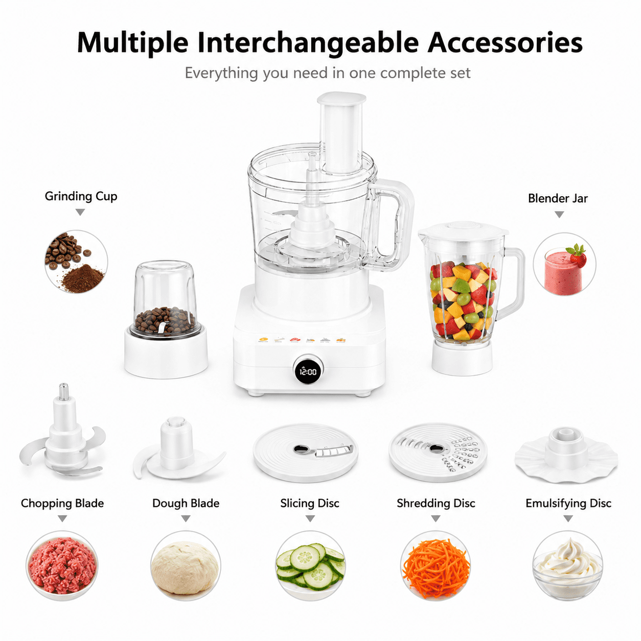 Hicloud Multifunctional Food Processor with Blender, Grinder, Chopper, Slicer, Shredder and Dough Blade, All-in-One Kitchen Prep System for Vegetables, Meat, Smoothies, White