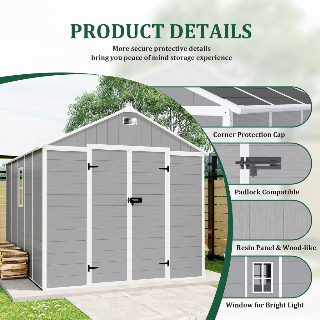 Resin Shed, Outdoor Storage Shed 7.5x10.3FT Extra Large, Outside Garden Shed for Lawn Mover Bike Tool, w/Double Doors, Air Vents, Double Windows, PP Floor