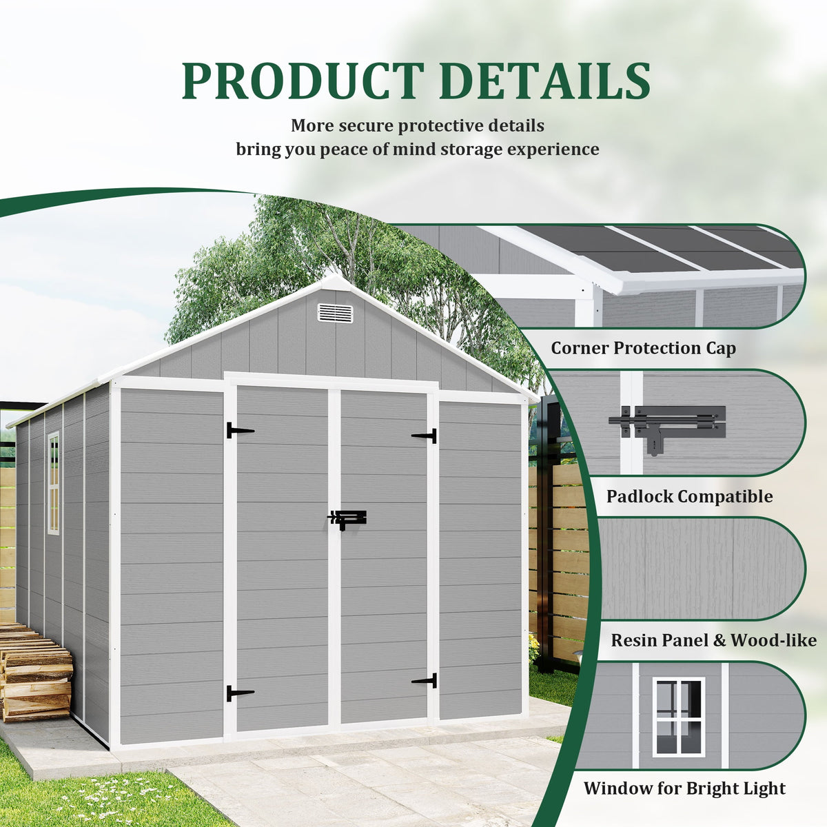 Resin Shed, Outdoor Storage Shed 7.5x10.3FT Extra Large, Outside Garden Shed for Lawn Mover Bike Tool, w/Double Doors, Air Vents, Double Windows, PP Floor