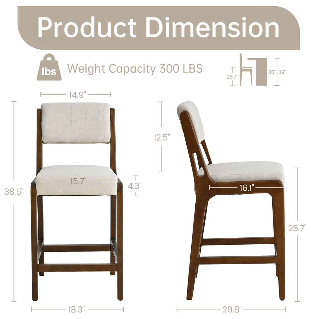 Modern Upholstered Counter Height Bar Stools Set of 2 with Solid Wood Legs and Integrated Footrest for Kitchen Island, Dining Room, Home Bar