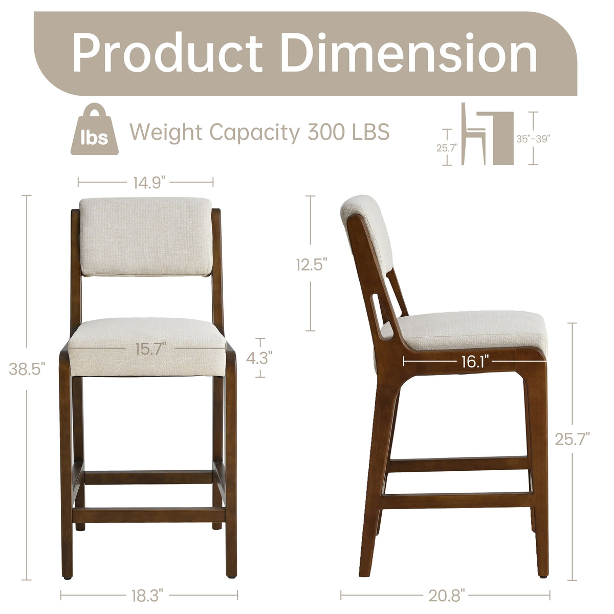 Modern Upholstered Counter Height Bar Stools Set of 2 with Solid Wood Legs and Integrated Footrest for Kitchen Island, Dining Room, Home Bar