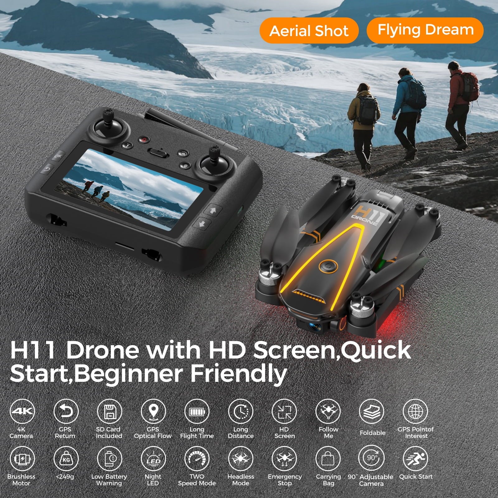 GPS Drone with 4K Camera,RC Drones with 4.5 inch HD Screen on Controller,Auto Return,2 Batteries for 45 min Flight Time,Long Range Transmission,Circle Fly and Follow Me Mode,Foldable Quadcopter