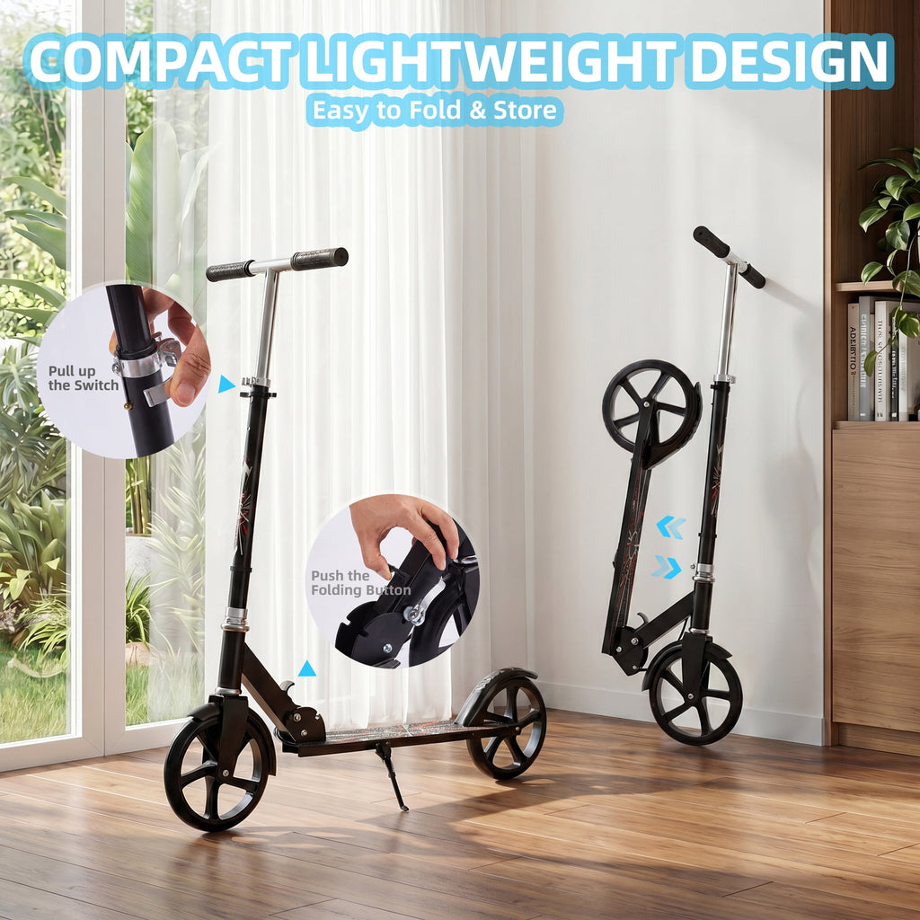 Kick Scooter with 3 Adjustable Levels,Folding Commuter Scooter 8 Inch Big Wheels for Teens & Adults,Black