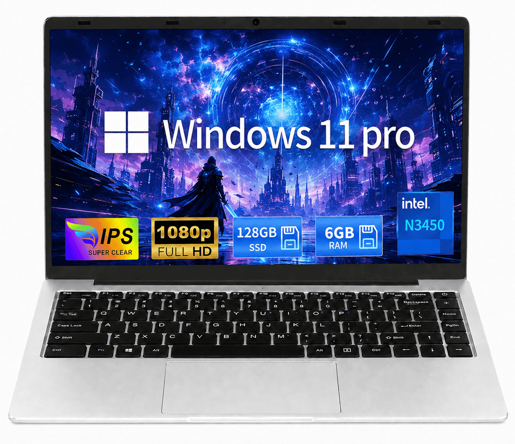 14.1" Laptop Computer, Intel Celeron N3450, 6GB RAM, 128GB SSD, Full HD Display, Ultra-Slim Notebook with WiFi, HDMI and Webcam, Silver