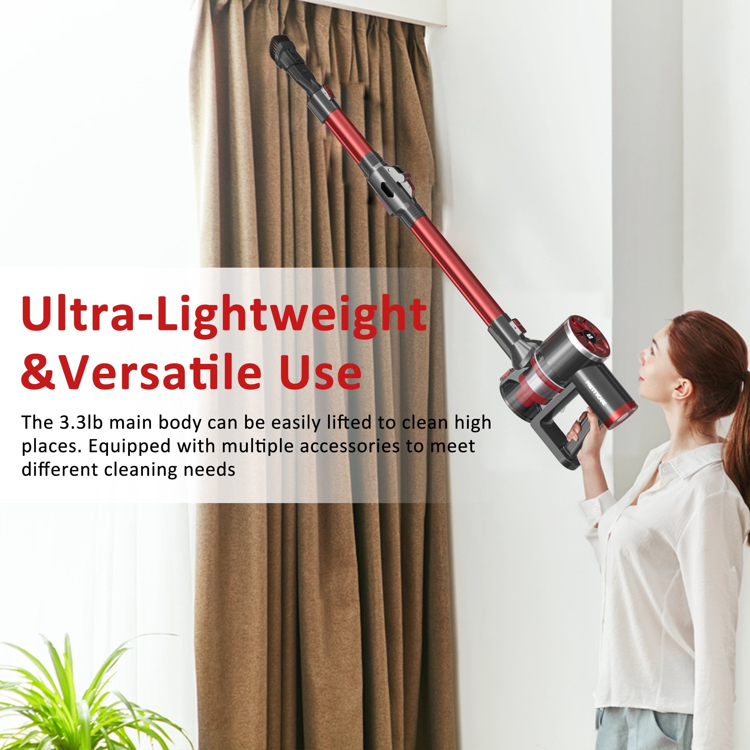 PrettyCare Cordless Stick Vacuum Cleaner - 160W, Lightweight
