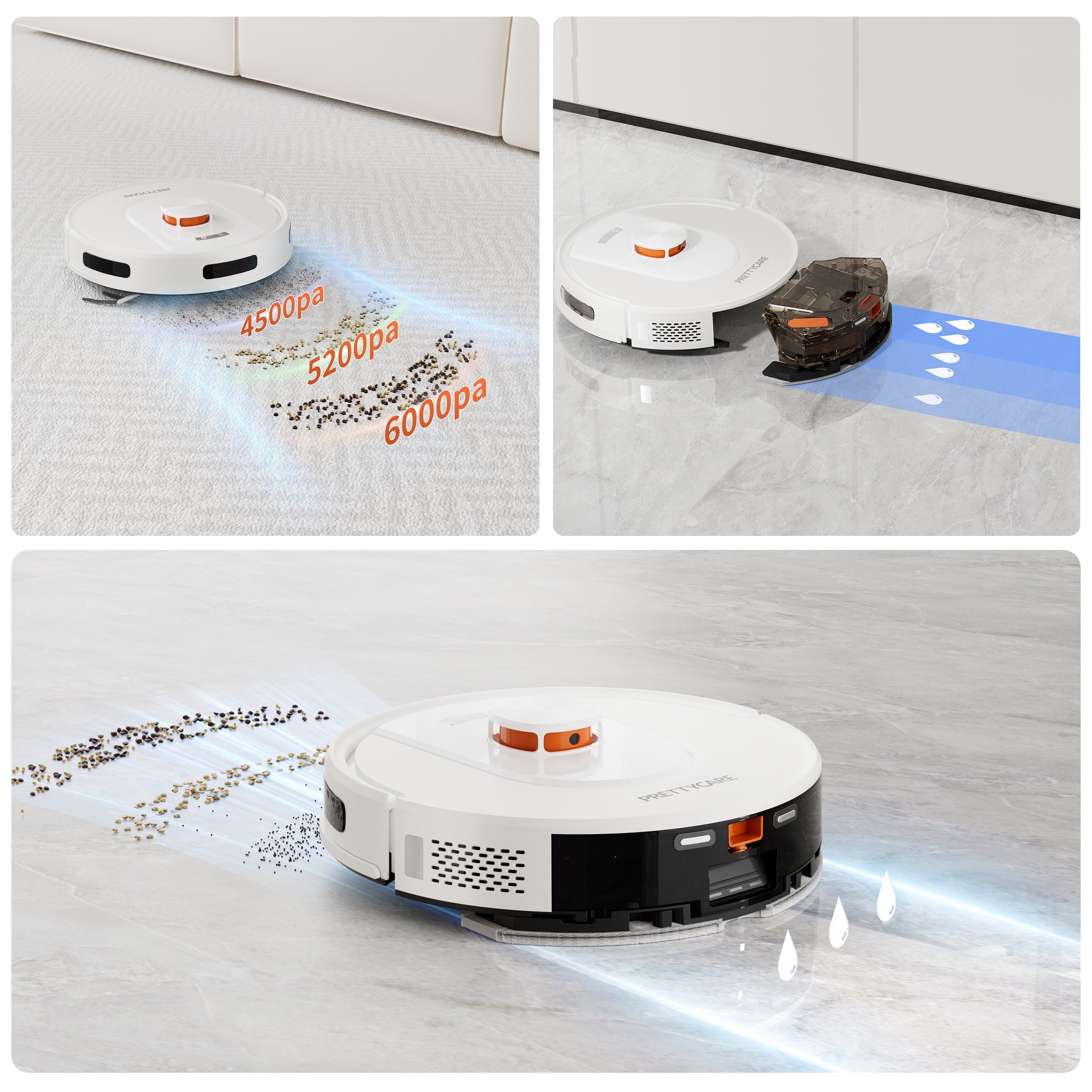 PrettyCare Robot Vacuum and Mop Combo Cleaner 9000pa,85 Days Self-Emptying & Recharging Station with 3D Home Mapping for Debris/Stain/Hair/Pet, L1 PRO, White