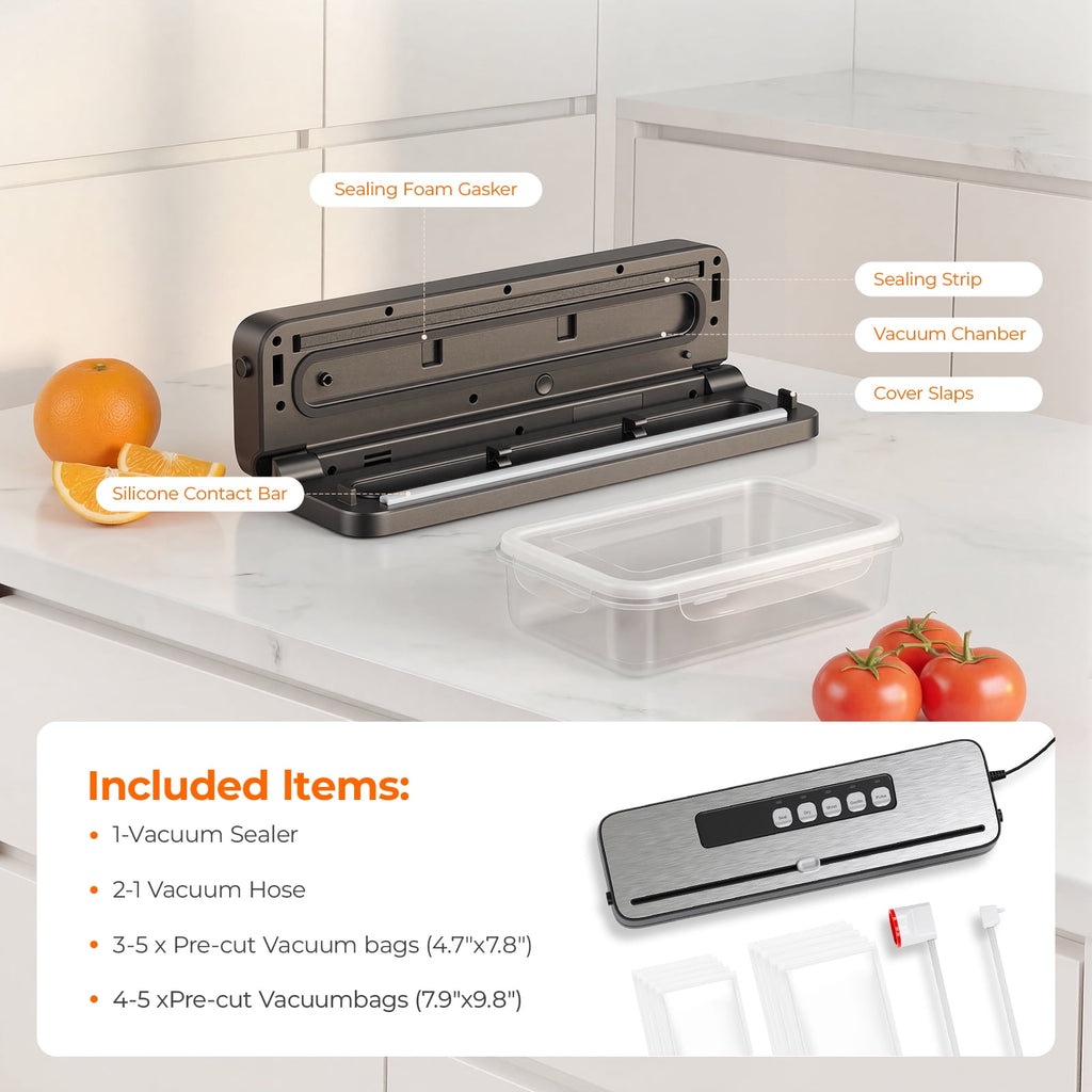 Vacuum Sealer Machine for Food with 20 Bags,60KPa Automatic Air Sealing Food Saver with Dry and Moist Food Modes,Led Indicator Lights, Easy to Clean, Compact Design