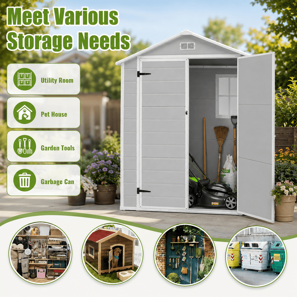 6x4 FT Resin Outdoor Storage Shed with Floor, Plastic Garden Shed with Double Doors, Window & Ventilation, Sloped Roof for Backyard, Garden, Patio & Lawn Equipment, Light Gray