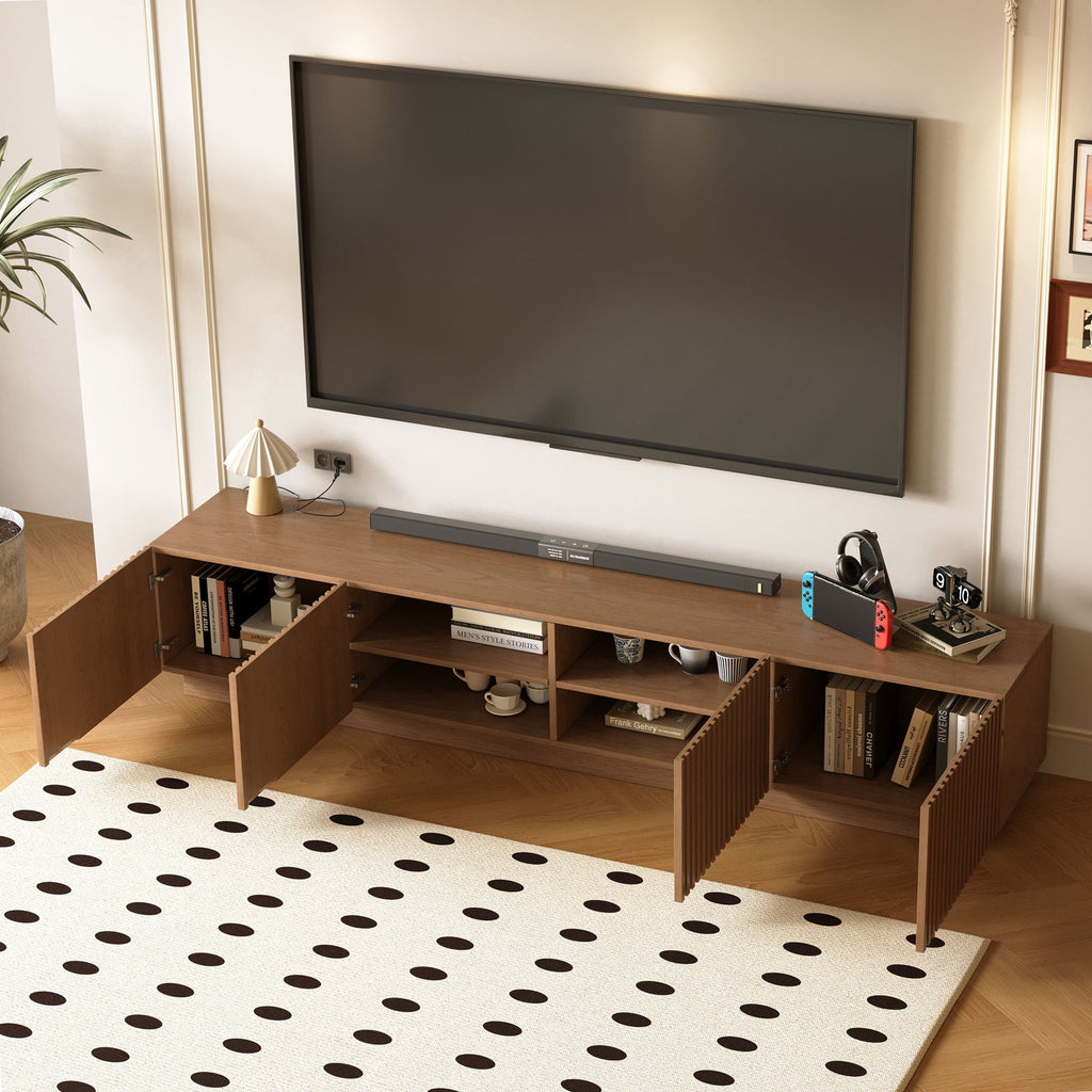 86.61" Mid-Century Modern TV Stand for TVs up to 85", Sturdy Living Room Furniture Media Console with Large Storage Space, Entertainment Center for Living Room and Bedroom, Walnut