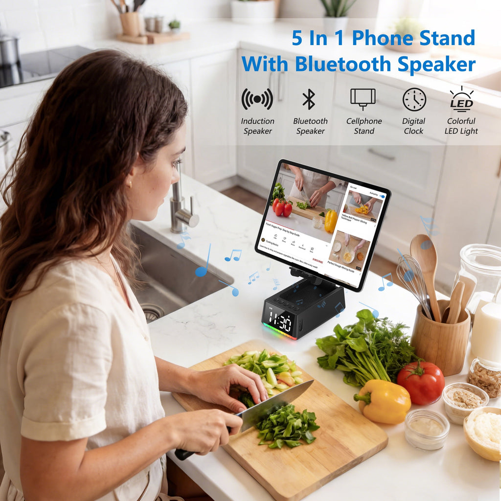 Wireless Induction Bluetooth Speaker, Phone Stand Speaker with Digital Clock & RGB Light, HD Stereo Sound, Foldable Cell Phone Stand for IPhone Android IPad, Tech Gadget Gifts for Men Women Teens