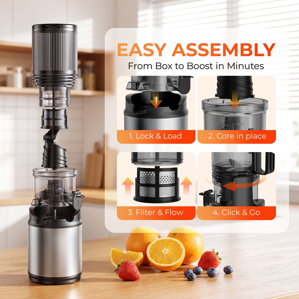Juicer Machine,Cold Press Juicer with 5.12" Wide Feed Chute Fit Whole Fruits Vegetables, Masticating Juicer with High Juice Yield,Easy to Clean,Black