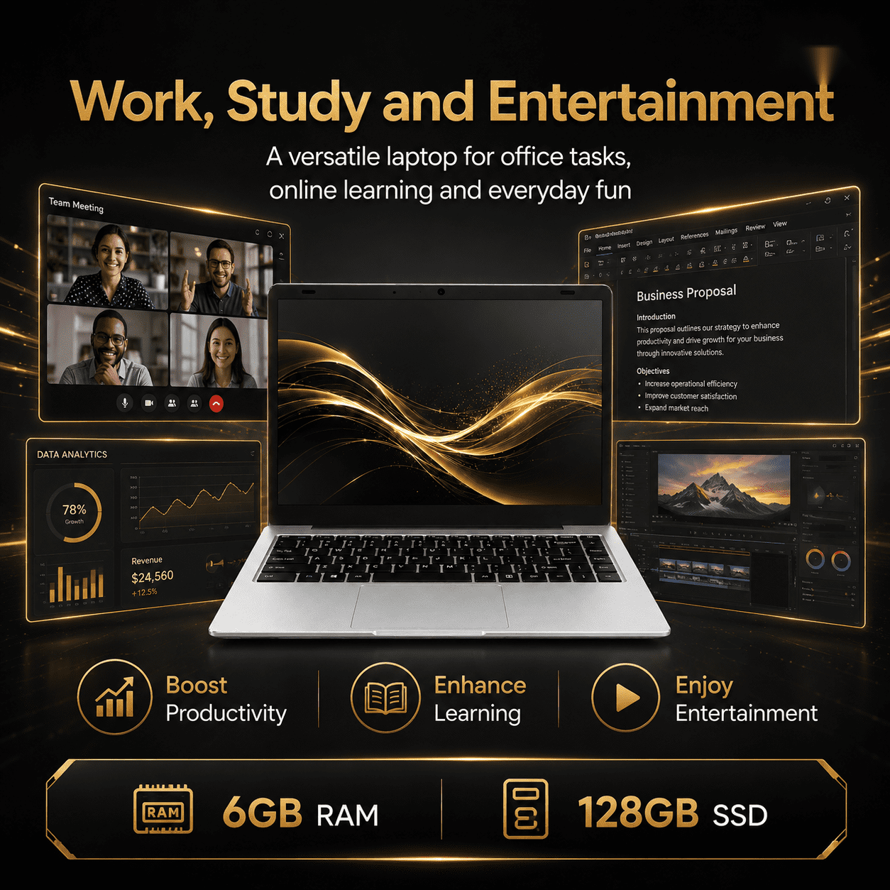 14.1-Inch Full HD Laptop, Intel N3450, 6GB Memory, 128GB SSD, Slim Portable Computer with WiFi, HDMI, Built-In Webcam, Silver