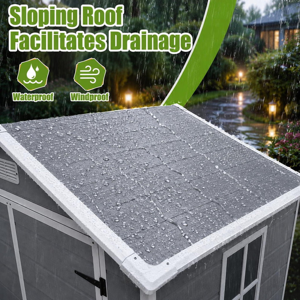 6x4 FT Resin Outdoor Storage Shed with Floor, Plastic Garden Shed with Double Doors, Window & Ventilation, Sloped Roof for Backyard, Garden, Patio & Lawn Equipment, Light Gray
