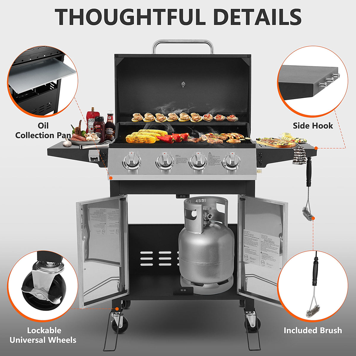 40,000BTU Grill w/Brush, 4-Burner Propane Gas Grill Stainless Steel, Outdoor Camping BBQ Grill on Wheels Portable for Patio Poolside RV