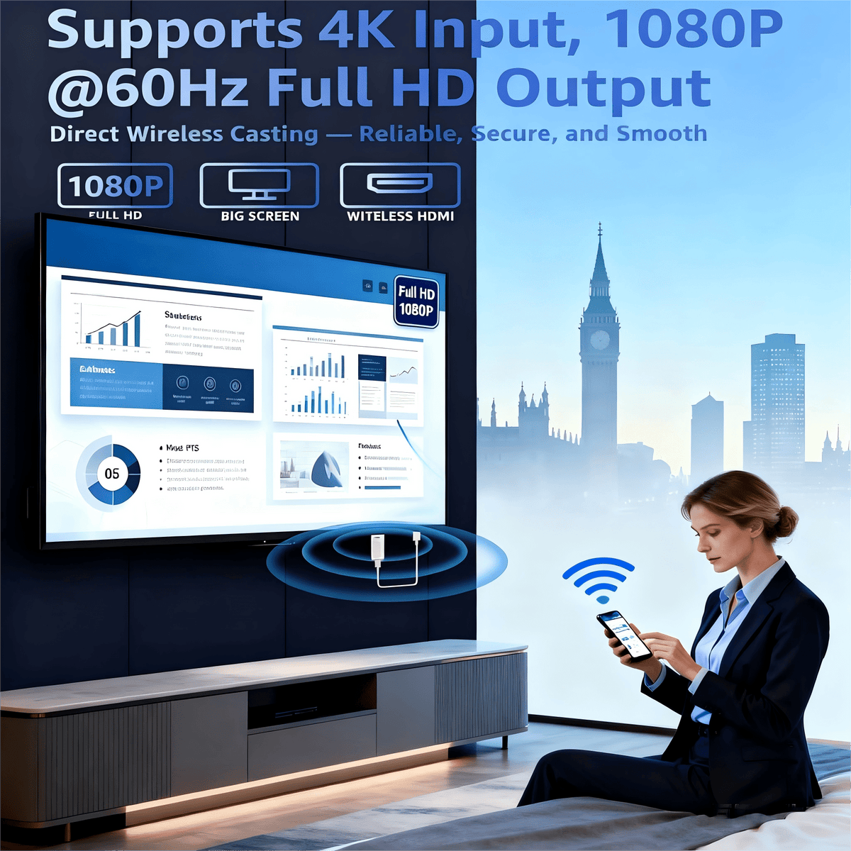 Wireless HDMI Transmitter and Receiver 2-in-1, Plug & Play No App No WiFi, 4K Decode 1080P Output, Screen Mirroring from Laptop PC Phone to TV Projector Monitor, Portable for Business Presentation