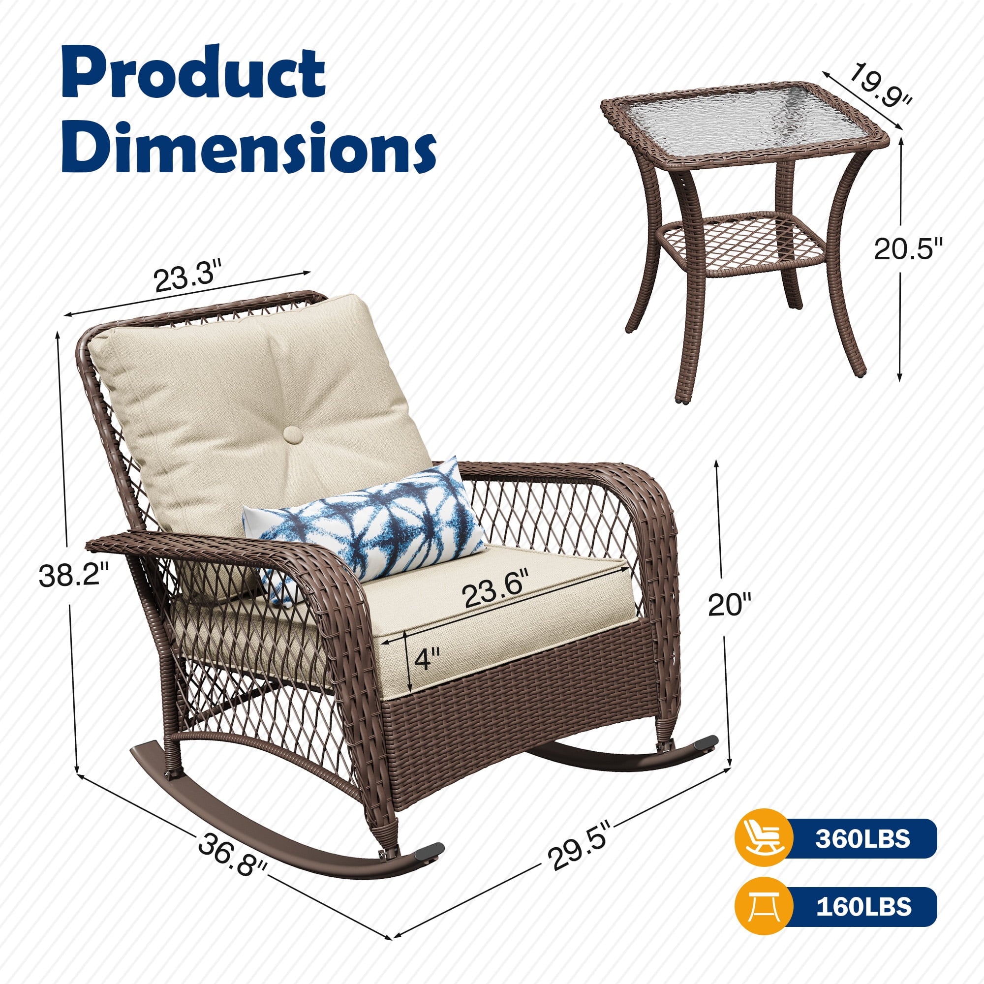 MRUAKA Outdoor Rocking Chairs Set of 3, Wicker Patio Furniture with Thickened Cushions and Table for Porch，350lbs Weight Capacity(Brown & Off-white)