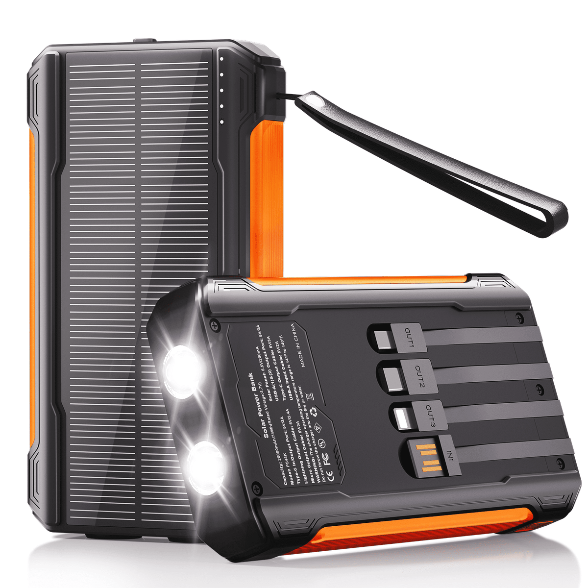 SOLPOWBEN Solar Power Bank 20000mAh Portable Charger for Cell Phones, 15W Fast Charging, Built-in 4 Cables, with Dual LED Flashlight for Camping, Hiking and Emergency