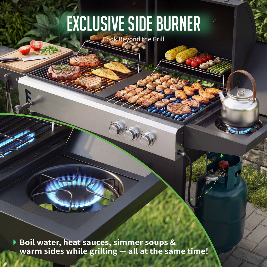 3-Burner Gas and Charcoal Grill Combo, Dual Fuel 54,000 BTU BBQ Propane Grill with Side Burner for Backyard BBQ, Outdoor Cooking & Camping