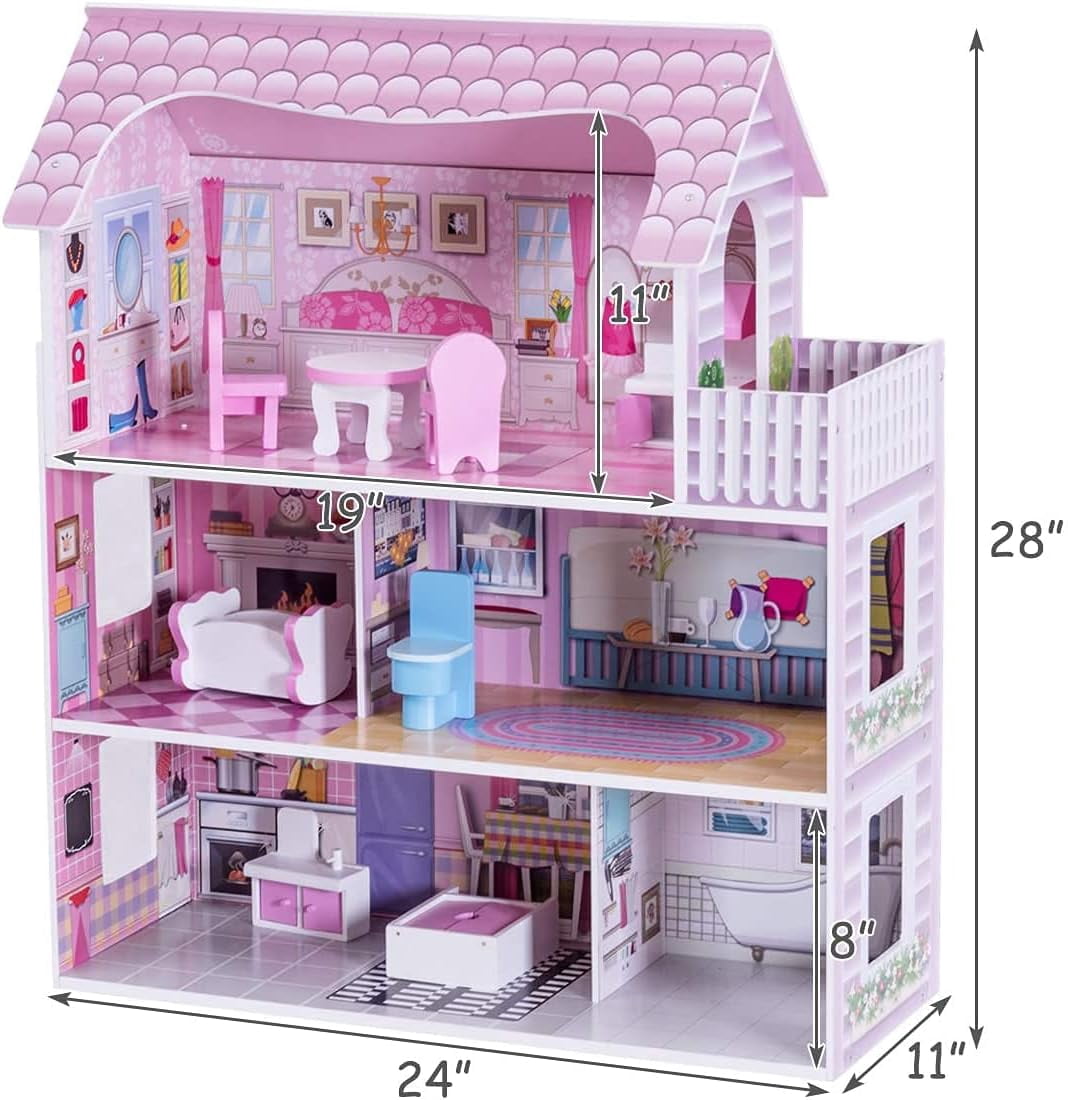 Wooden Dollhouse with warm LED Lights, 3-Story Pretend Play Doll House with 16 Furniture & Accessories, DIY Princess Playhouse, Creative Gift for Girls