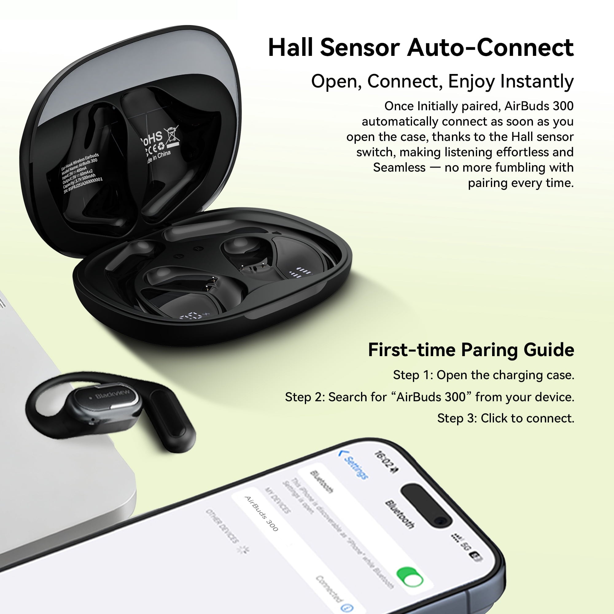 Blackview AirBuds 300 Open Ear Headphones - 28Hrs Digital Display Open-Ear True Wireless Earbuds,Bluetooth 6.0,IPX5 Waterproof & Pro-Level Sound for Active Lifestyles