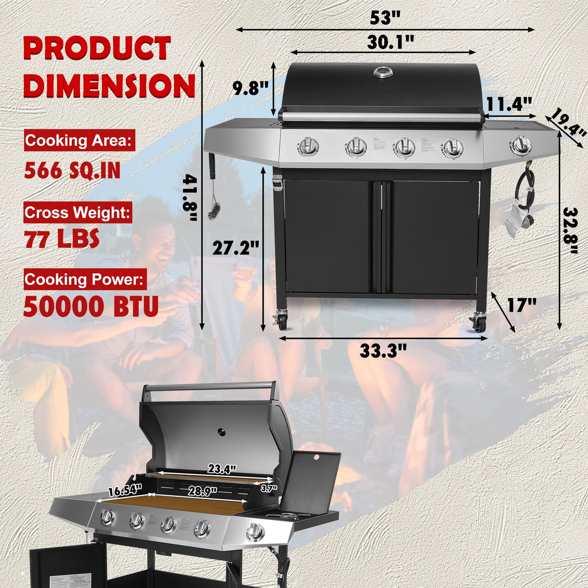 5 Burner Propane Gas Grill with Side Burner, Bbq Grill, 605 Sq. in. Cooking Area, 50000 Btu, Stainless Steel, Porcelain Grate, Outdoor Cookouts
