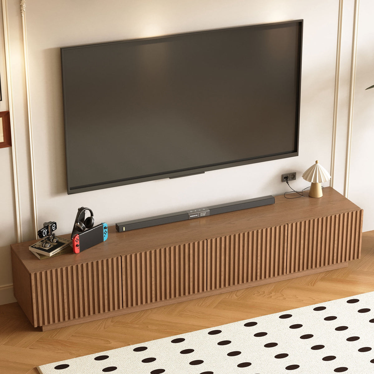 86.61" Mid-Century Modern TV Stand for TVs up to 85", Sturdy Living Room Furniture Media Console with Large Storage Space, Entertainment Center for Living Room and Bedroom, Walnut