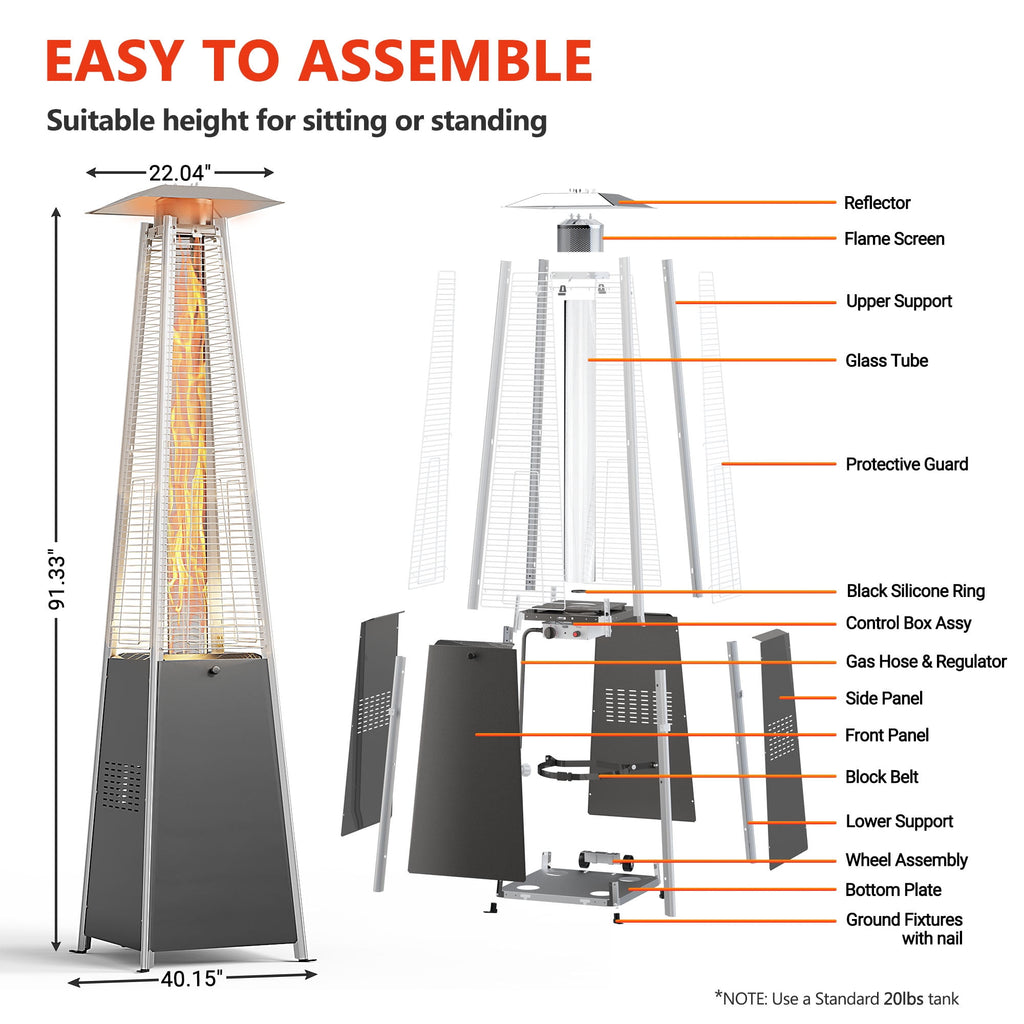 Patio Heater for Outdoor Use, 48,000BTU Powerful Pyramid Heater with Stable Base, Outdoor Porch Yard Propane Heater with Quartz Glass Tube for Fire, Dia 10FT Heating