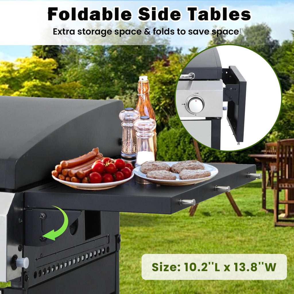 40,000BTU Grill w/Brush, 4-Burner Propane Gas Grill Stainless Steel, Outdoor Camping BBQ Grill on Wheels Portable for Patio Poolside RV