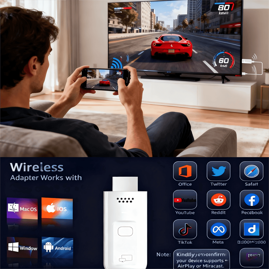 Wireless HDMI Transmitter and Receiver 2-in-1, Plug & Play No App No WiFi, 4K Decode 1080P Output, Screen Mirroring from Laptop PC Phone to TV Projector Monitor, Portable for Business Presentation