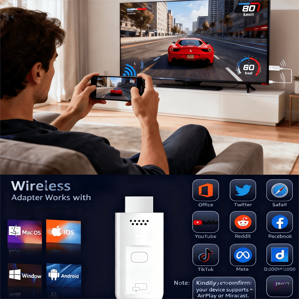 Wireless HDMI Transmitter and Receiver 2-in-1, Plug & Play No App No WiFi, 4K Decode 1080P Output, Screen Mirroring from Laptop PC Phone to TV Projector Monitor, Portable for Business Presentation