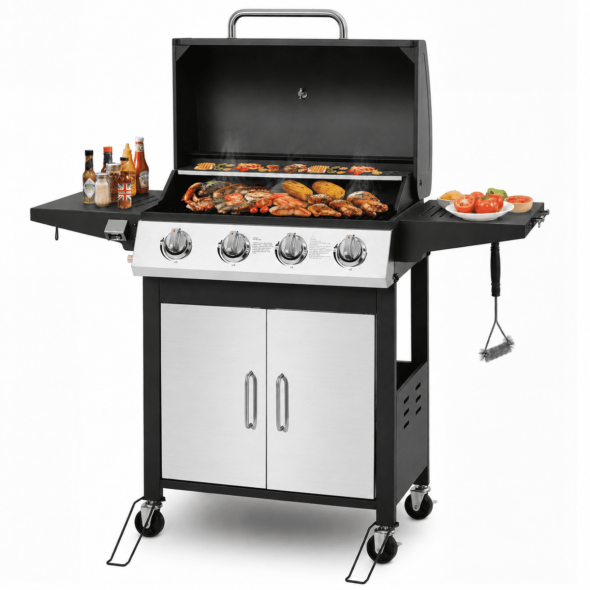4 Burner BBQ Propane Gas Grill, Stainless Steel 40,000 BTU Patio Garden Barbecue Grill with Side Tables, Built-in Thermometer, 4 Universal Wheels for Outdoor Cooking Patio Backyard