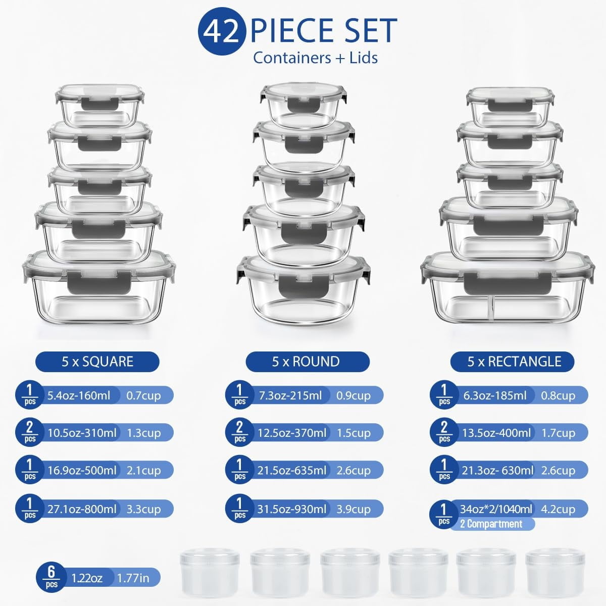 42 Pcs Glass Food Storage Containers Set with Snap Locking Lids, 21 Containers & 21 Lids, Glass Meal Prep Lunch Box Containers, Grey
