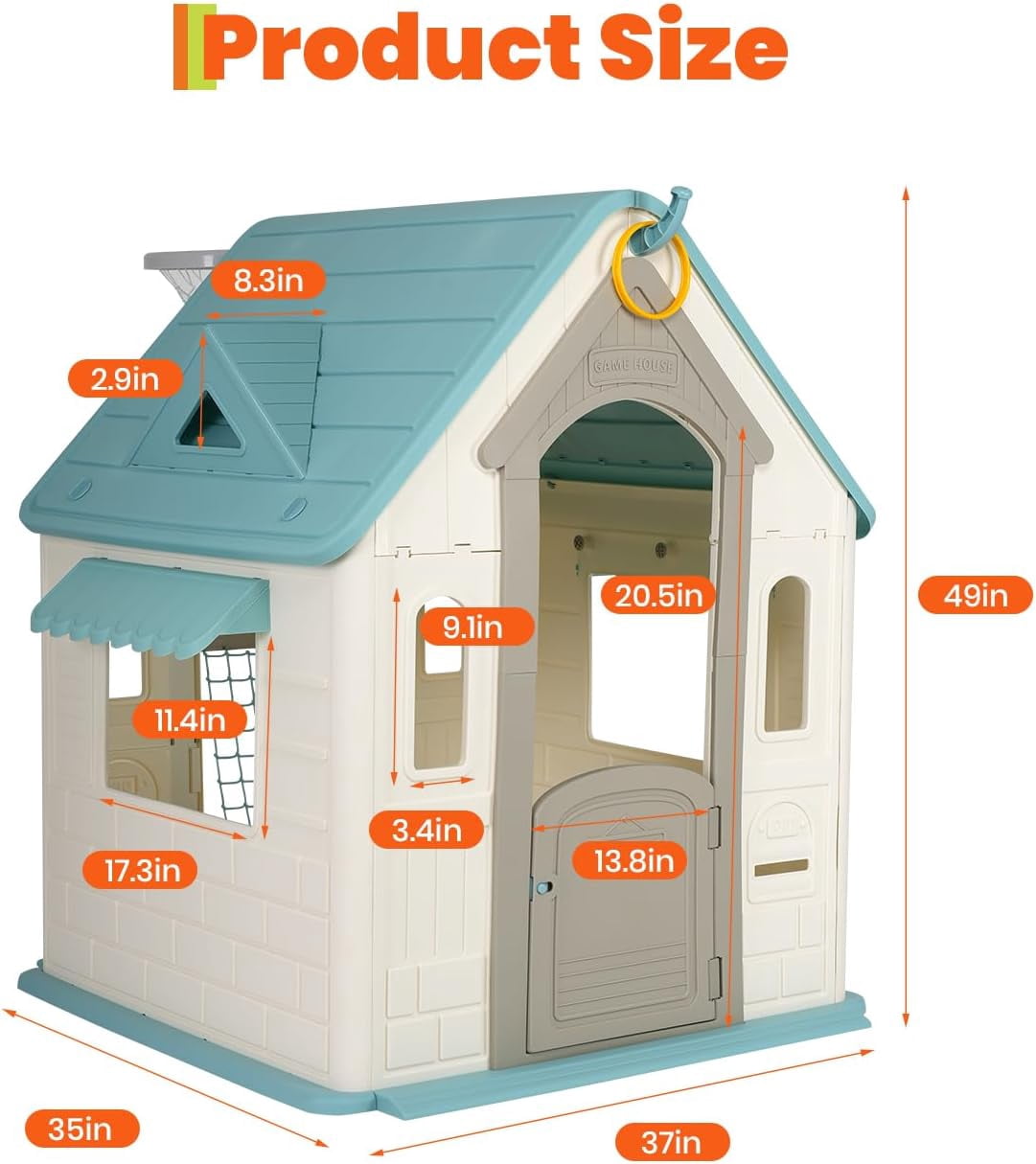 Playhouse with Basketball Hoop, Soccer Goal, Dartboard and Ring Toss Game, Indoor/Outdoor Toddler Play House with Stickers, for Boys and Girls Ages 6+, Cyan