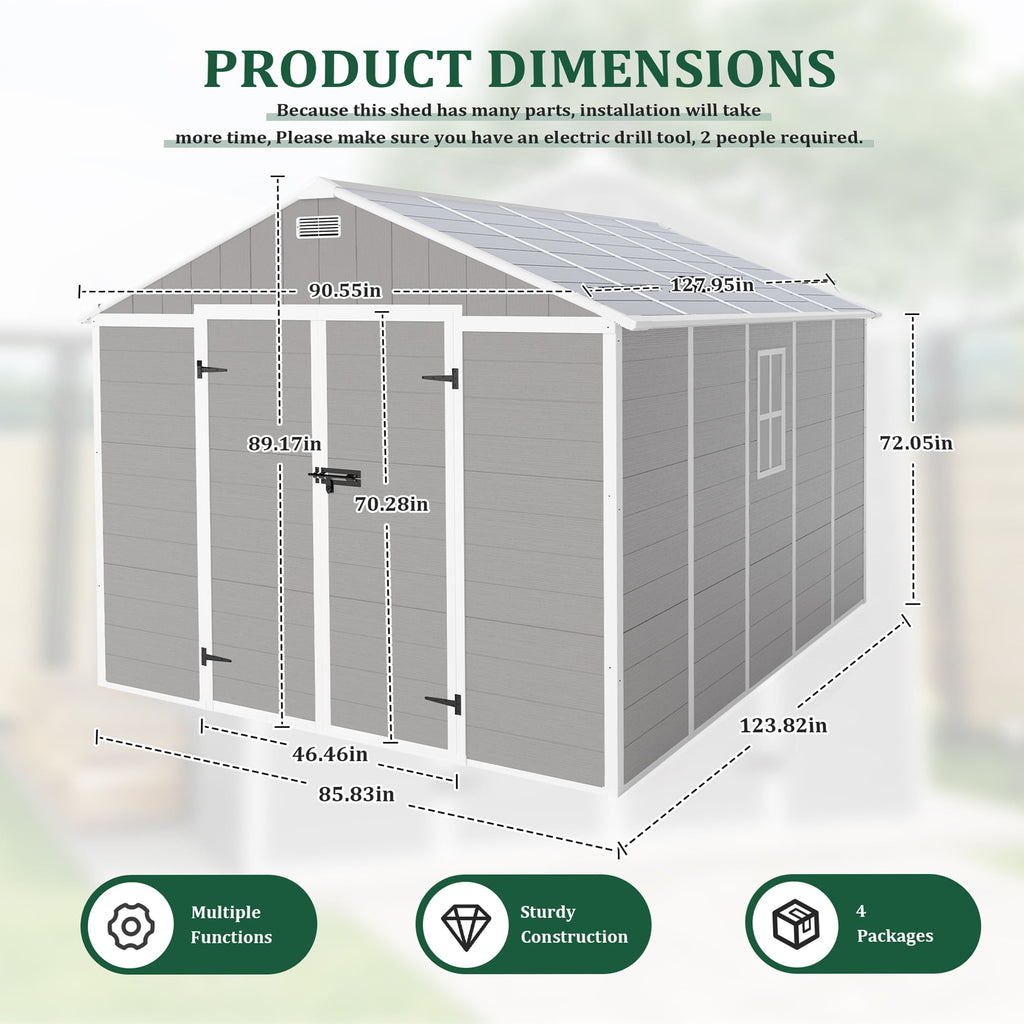 Resin Shed, Outdoor Storage Shed 7.5x10.3FT Extra Large, Outside Garden Shed for Lawn Mover Bike Tool, w/Double Doors, Air Vents, Double Windows, PP Floor